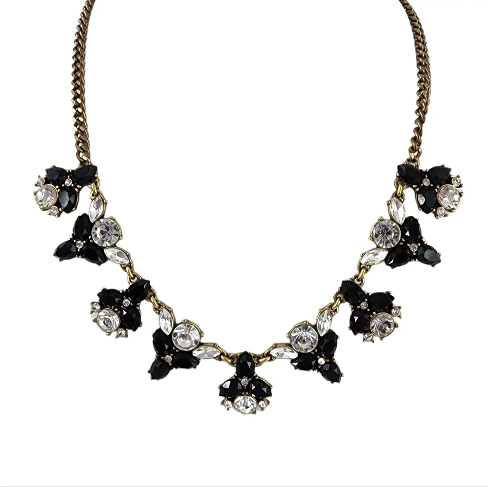 J. Crew Statement Necklace Black and Brilliant Rhinestones A0279